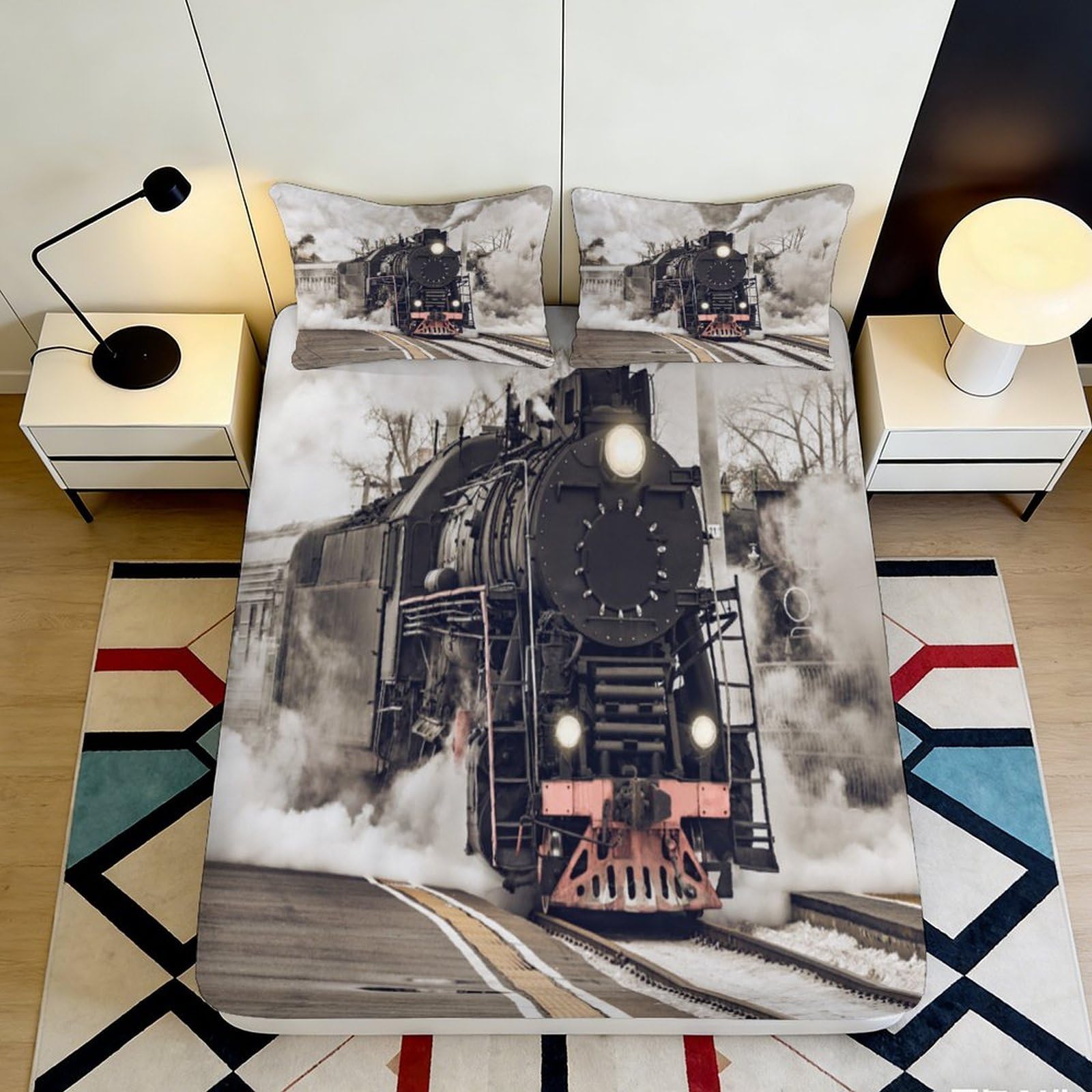 3D Printed Steam Train Railway Fitted Sheet Microfiber Soft Anti-Slip Locomotive Bed Cover for Bedroom Guest Room Decor 140x200x25cm