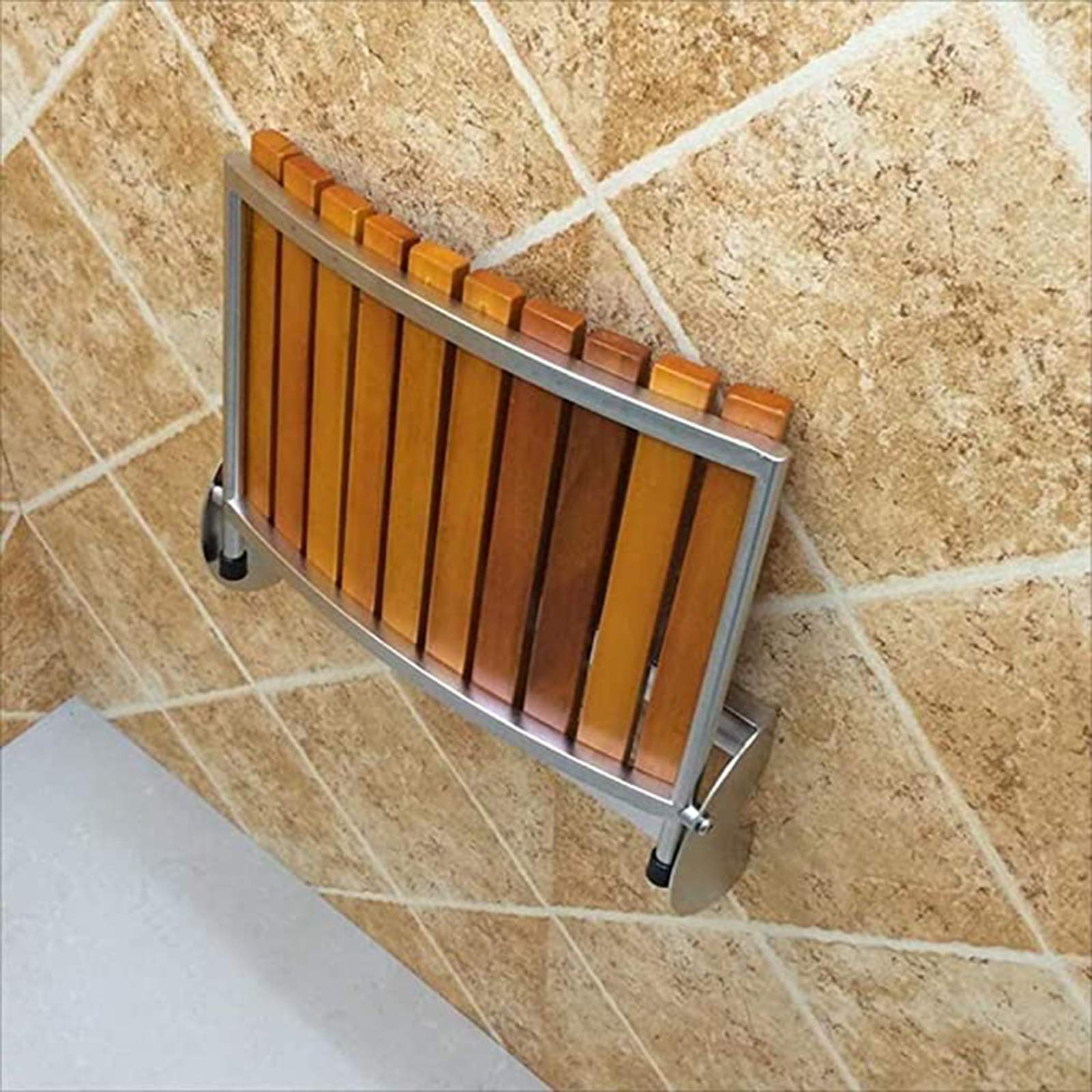 Asiento de Ducha Abatible Taburete de Zapatos Plegable de Madera Montado en la Pared Soporte de Acero Inoxidable para Ancianos/Discapacitados Asiento de Ducha Silla MAX. 160 Kg