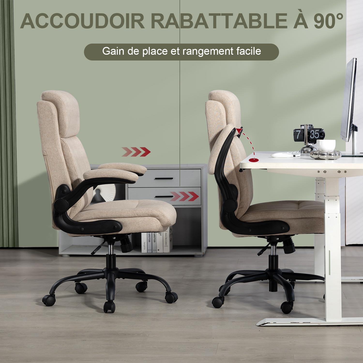 CASTLOVE Chaise de bureau ergonomique avec dossier, accoudoirs rabattables, dossier haut, hauteur réglable, fonction bascule, chaise de bureau en tissu beige, charge maximale : 150 kg