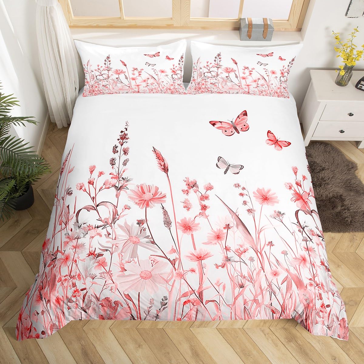 Homemissing Red Pink Flowers Pattern Duvet Cover Set King Size for Girls Adults Women Kids Butterflies Print Bedding Set Garden Flower Comforter Cover with 2 Pillowcases Nature Theme Zipper
