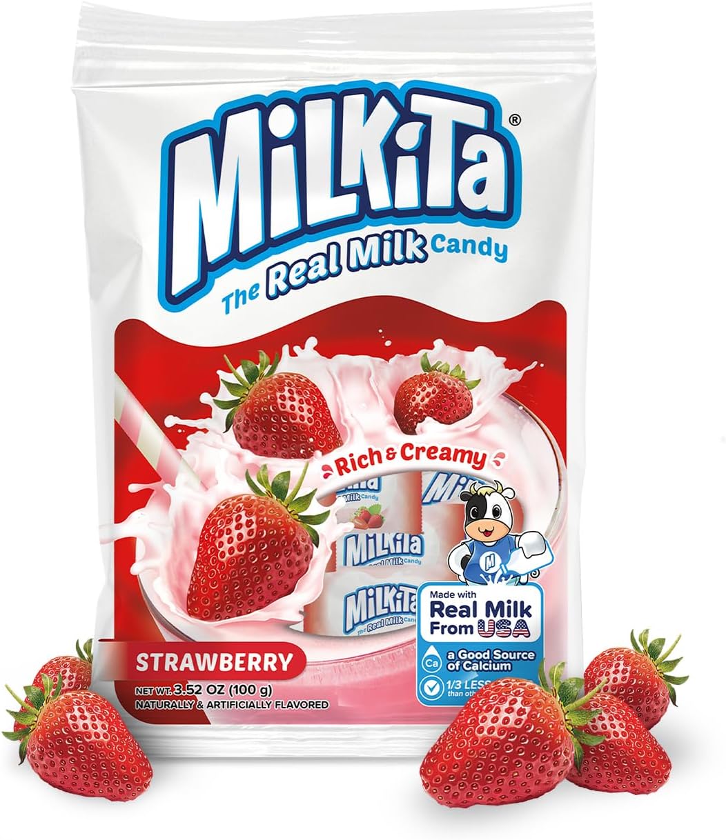 Milkita Creamy Strawberry Milk Candy – Low-Sugar Healthy Sweets with Real Milk for Kids & Adults – Fat Free & Gluten Free Candy with Calcium for Everyday Indulgence (25 Count Bag)