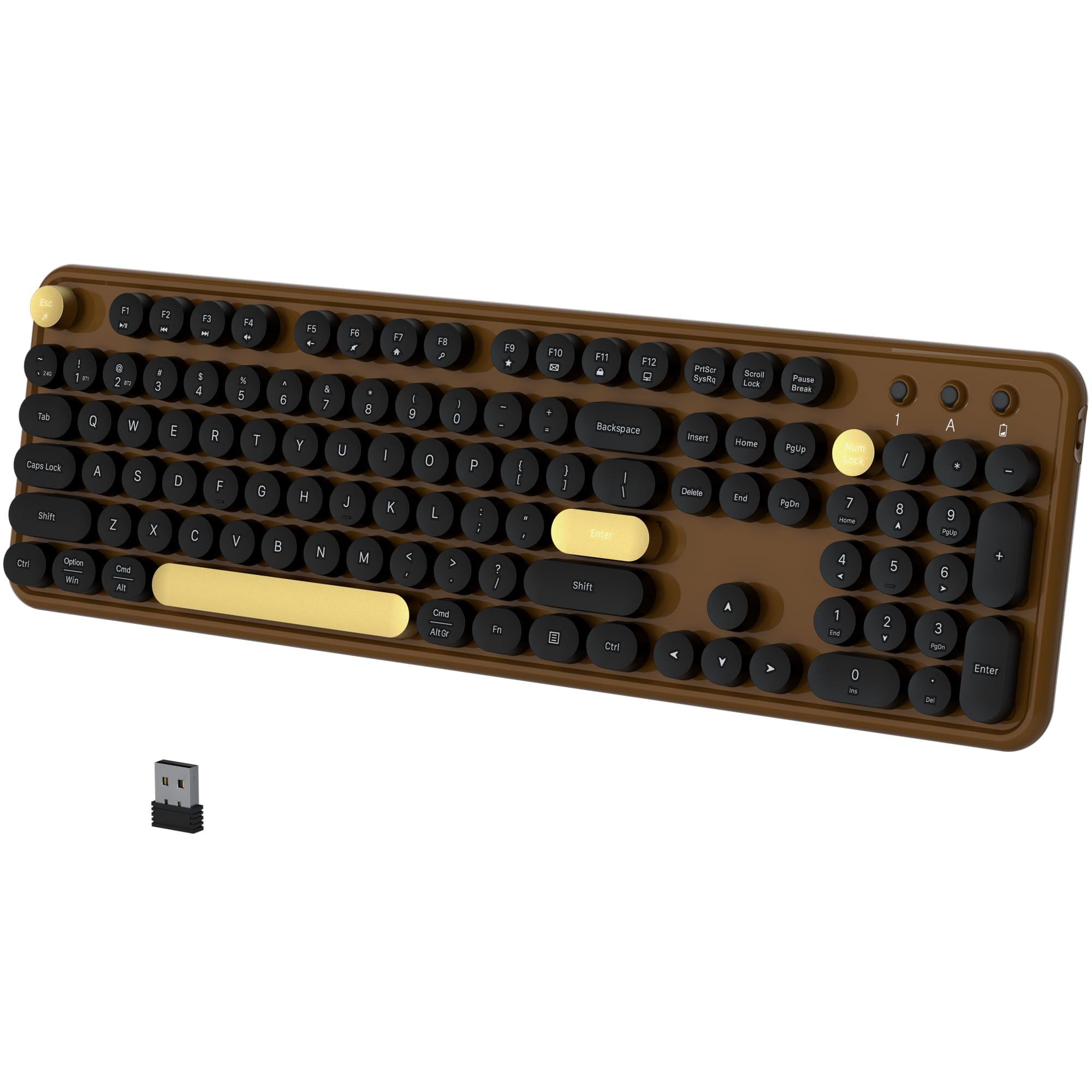 COVEVA Colorful Wireless Bluetooth Keyboard, 2.4G & Dual Bluetooth Multi-Device, Retro Round Keycaps 104 Keys Full-Size for PC Laptop Tablet Phone (Black-Brown)