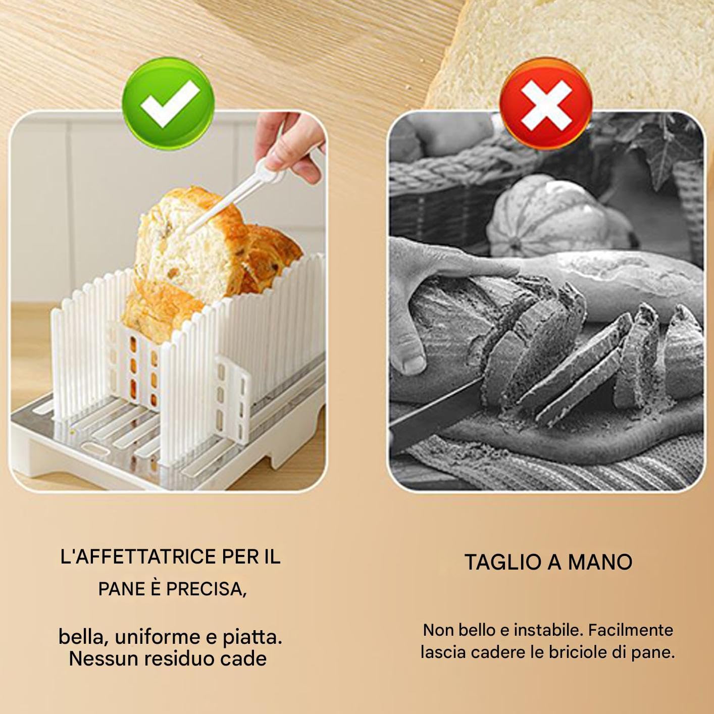Affetta Pane - Tagliere Per Pane Casereccio Con Vassoio Raccoglibriciole,Guida Taglio Regolabile e Pieghevole per Fette Perfette