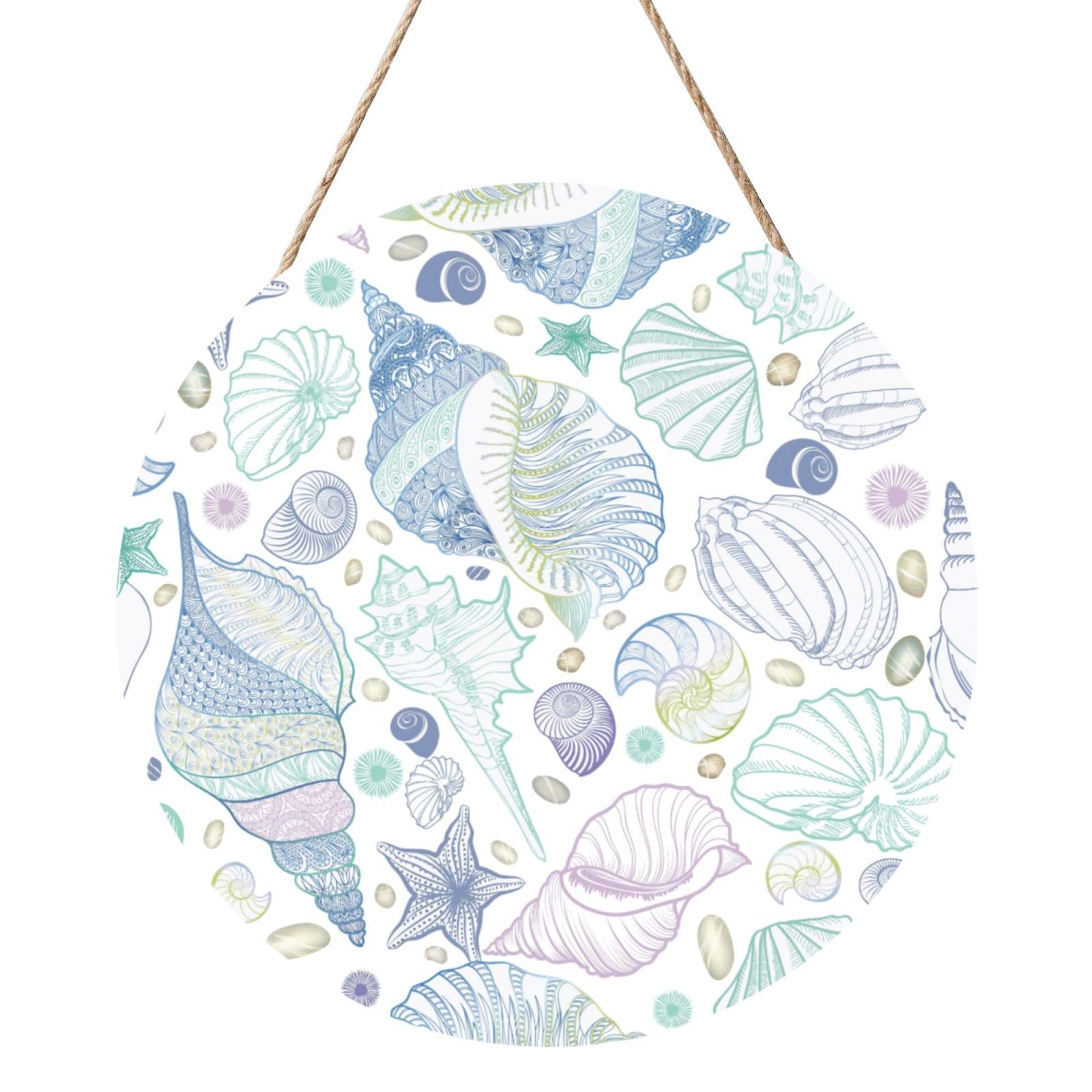 InOmak Hand Drawn Sea Shells, Round Wood Panel Painting 12 in, Wall Hanging Painting For Home