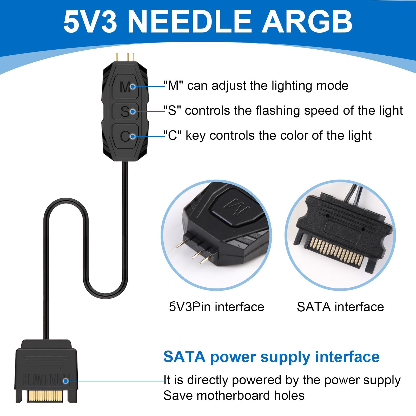 argb Controller con telecomando, controller da 5 V a 3 pin, alimentato da SATA, 14 chiavi per effetti di illuminazione RGB, adatto per ventole e strisce luminose, con cavo splitter da 1 a 3
