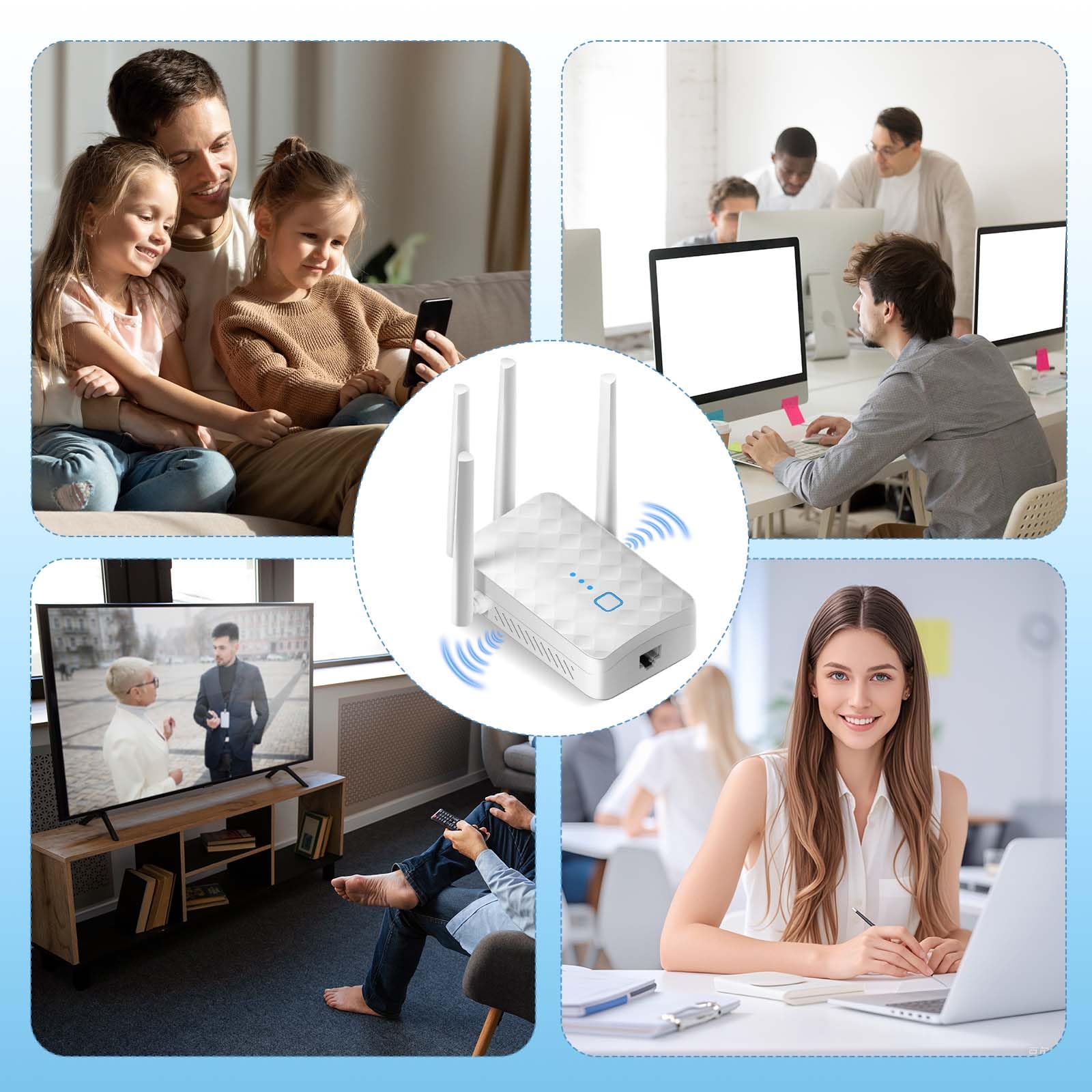 Wzmacniacz sygnału WiFi 1200 Mbit/s Dual Band 5 GHz + 2,4 GHz - przedłużacz WiFi 4 anteny, port Gigabit LAN, tryb AP/repeater, WPS, kompatybilny ze wszystkimi routerami Ethernet WAN (czarny)