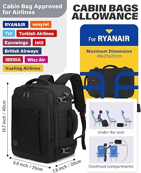 VANKEV 40x20x25 Ryanair Cabin Bag Underseat Travel Backpack Hand Luggage
