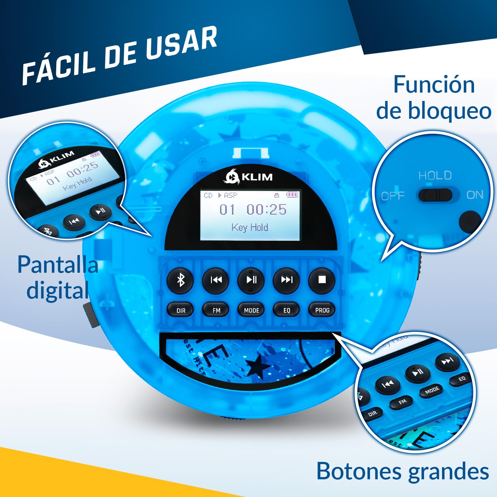 KLIM Nomad Transparent Azul - Reproductor CD portatil - batería Interna de Larga duración - Incluye Auriculares KLIM Fusion - CD Player Mini Compacto, Personal, CD-R, CD-RW y MP3 [Nuevo]