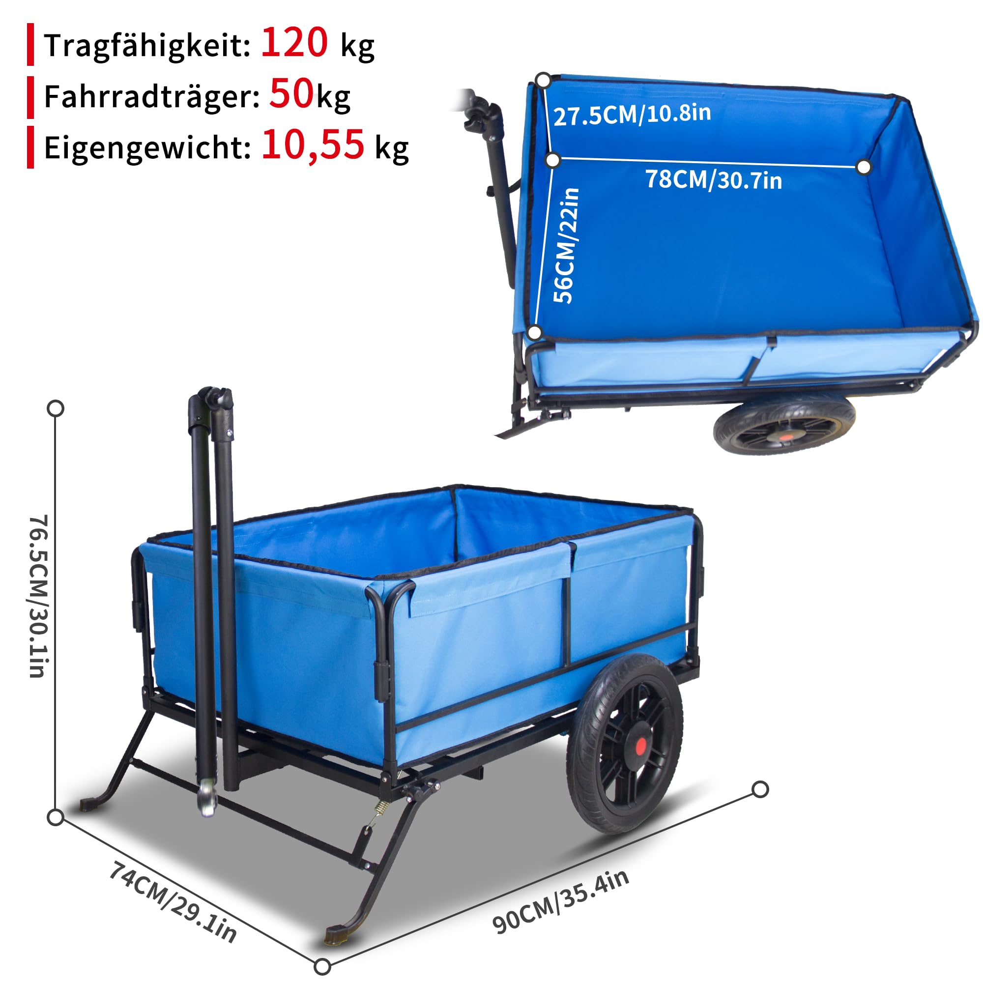 Tmz Remorque de vélo avec plate-forme de support de 125 l, remorque avec attelage, remorque pour vélo 50/120 kg, chariot avec pneus amovibles, cadre pliable, autocollants réfléchissants