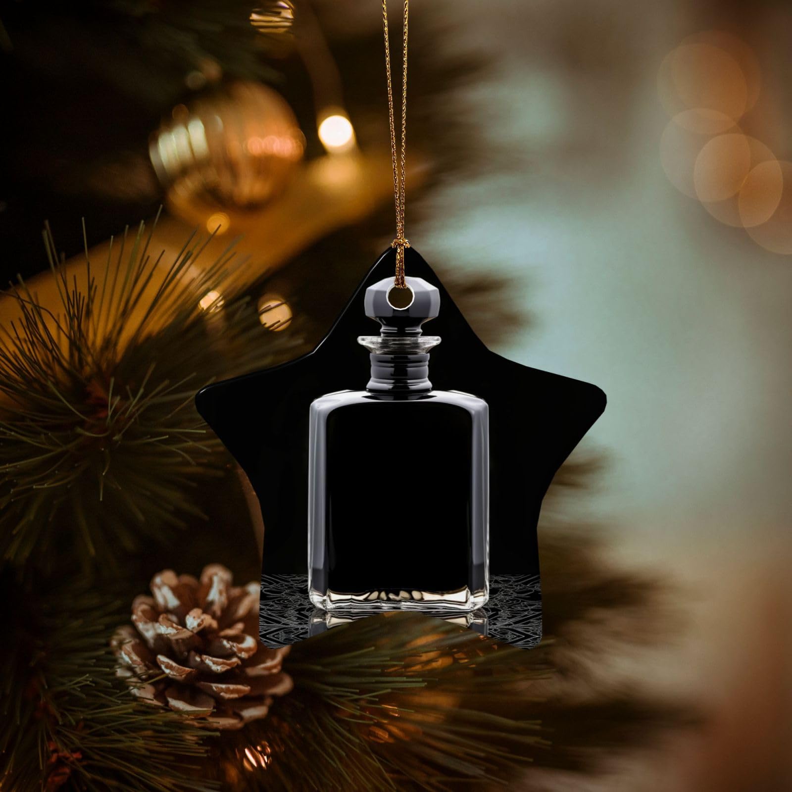 Christmas Tree Ornaments Ceramics Christmas Decorations Black Perfume Bottle Ornaments with Gold Ribbon Porcelain Xmas Tree Crafts Star Shape Hanging Pendant for Christmas Tree Party Decor