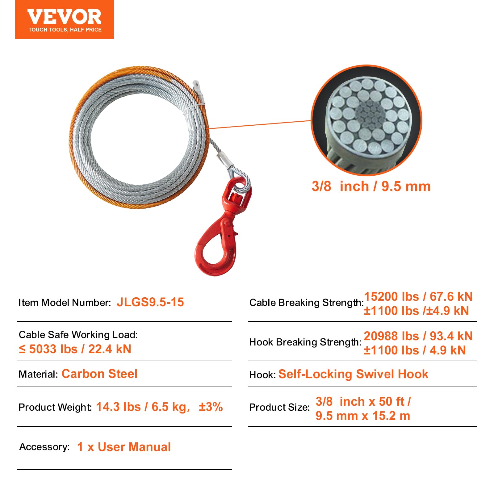 VEVOR Corda in Metallo 9,5mm x 15,2m Cavo in Acciaio Zincato 67,6 kN con Gancio Girevole per Verricello Forgiato Cinghia di Trazione SUV Fuoristrada Camion