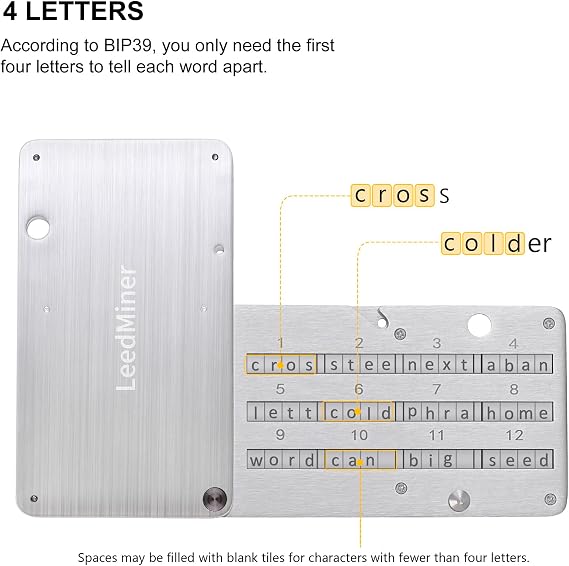 Seed Phrase Storage,Crypto Seed Backup 4 Plates Letter 24 Words Bitcoin Crypto Seed Metal Plate, Compatible with BIP39 Hardware Wallets, Ledger, KeepKey, Trezor