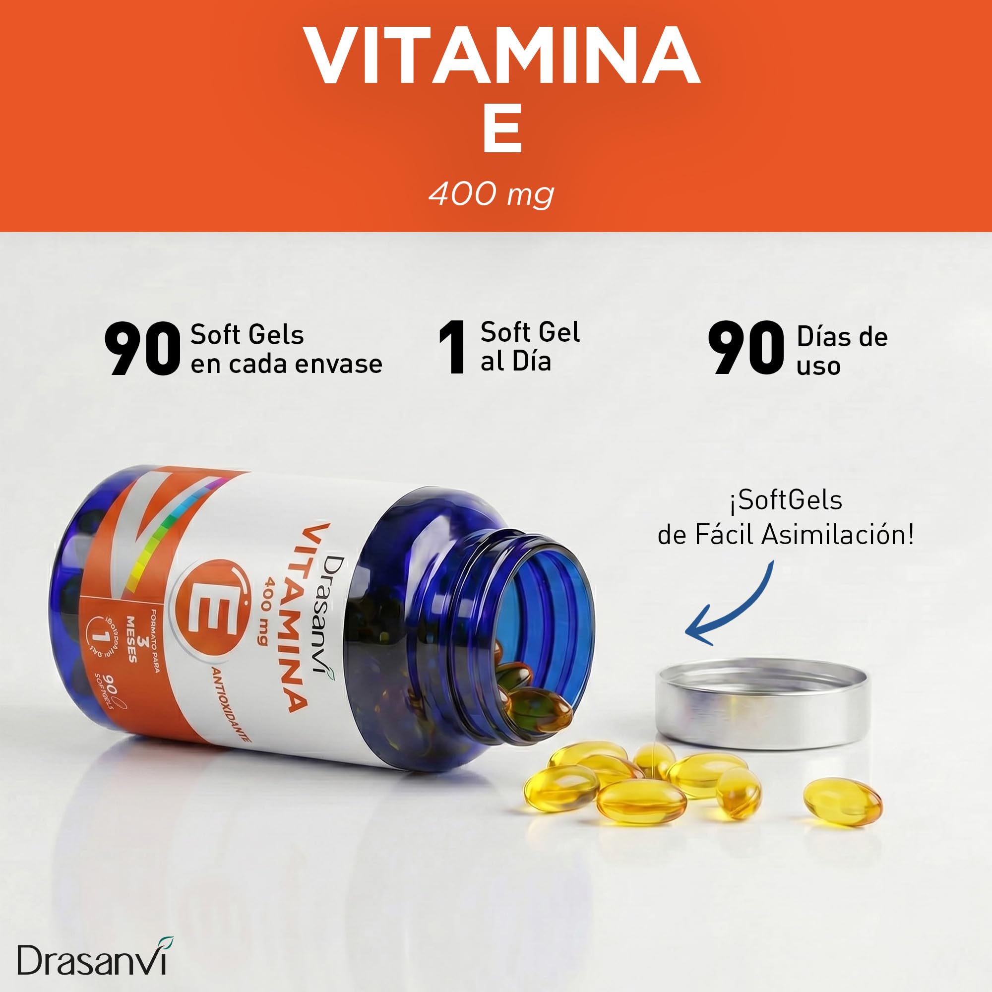 Vitamina E Natural 400 mg Alta Potencia | Equiv. aprox. 597 UI | Antioxidante: contribuye a proteger las células del estrés oxidativo | 90 perlas blandas | 3 meses | 1 al día | Drasanvi