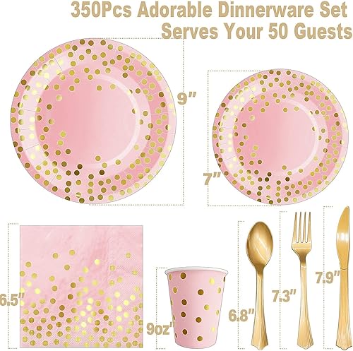 Miniatura 2 de 350 platos de fiesta rosa y dorado con 6 manteles de plástico negro y dorado, 25 suministros desechables para fiesta, simplemente disfruta de tu