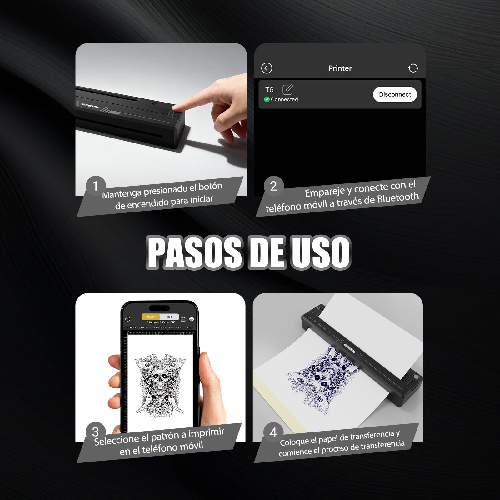 Dragonhawk A4 Impresora Térmica Inalámbrica para Esténciles de Tatuajes Portátil Compatible con Teléfono Tablet PC
