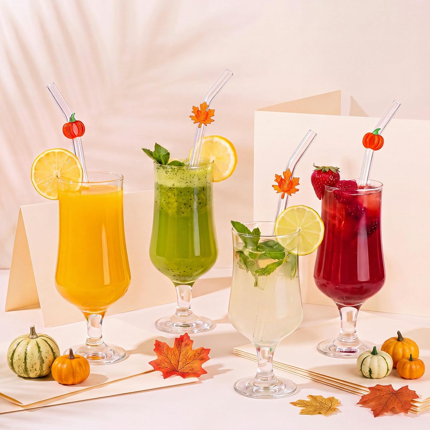 SiliFine 6 Pcs Fall Pumpkin and Maple Leaves Icon Glass Straws 8 in Bent