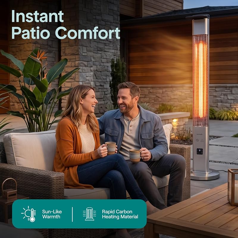 SereneLife Outdoor Electric Patio Heater - 1500W High-Efficiency Infrared Heating, Remote Control Standing Heater with Aluminum Reflector, Waterproof Design, IP65 Approved, Quiet Operation image 2