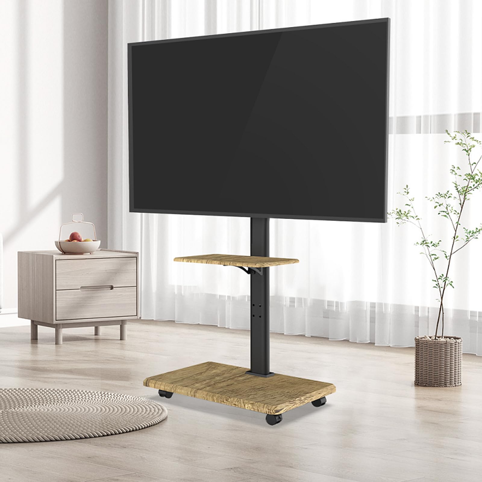 Delphos Mobiler TV Ständer Rollbar mit Holzfuß, Fernsehständer für 32-70 Zoll Fernseher bis zu 45 kg, Hoehenverstellbar bis ca.130 cm Drehbar ±25° Max.VESA 600x400