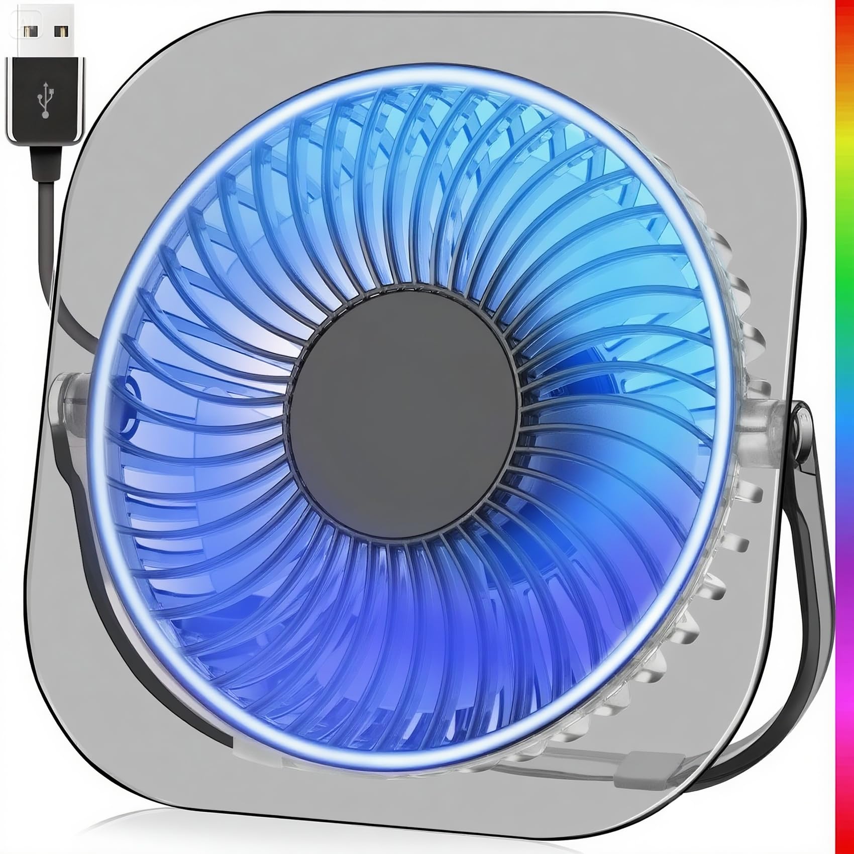 Ventilador de escritorio USB RGB, 3 velocidades, rotación de 180°, 20.000 horas de funcionamiento, base antideslizante, adecuado para el hogar, la oficina y la sala de juegos (Gris transparente)