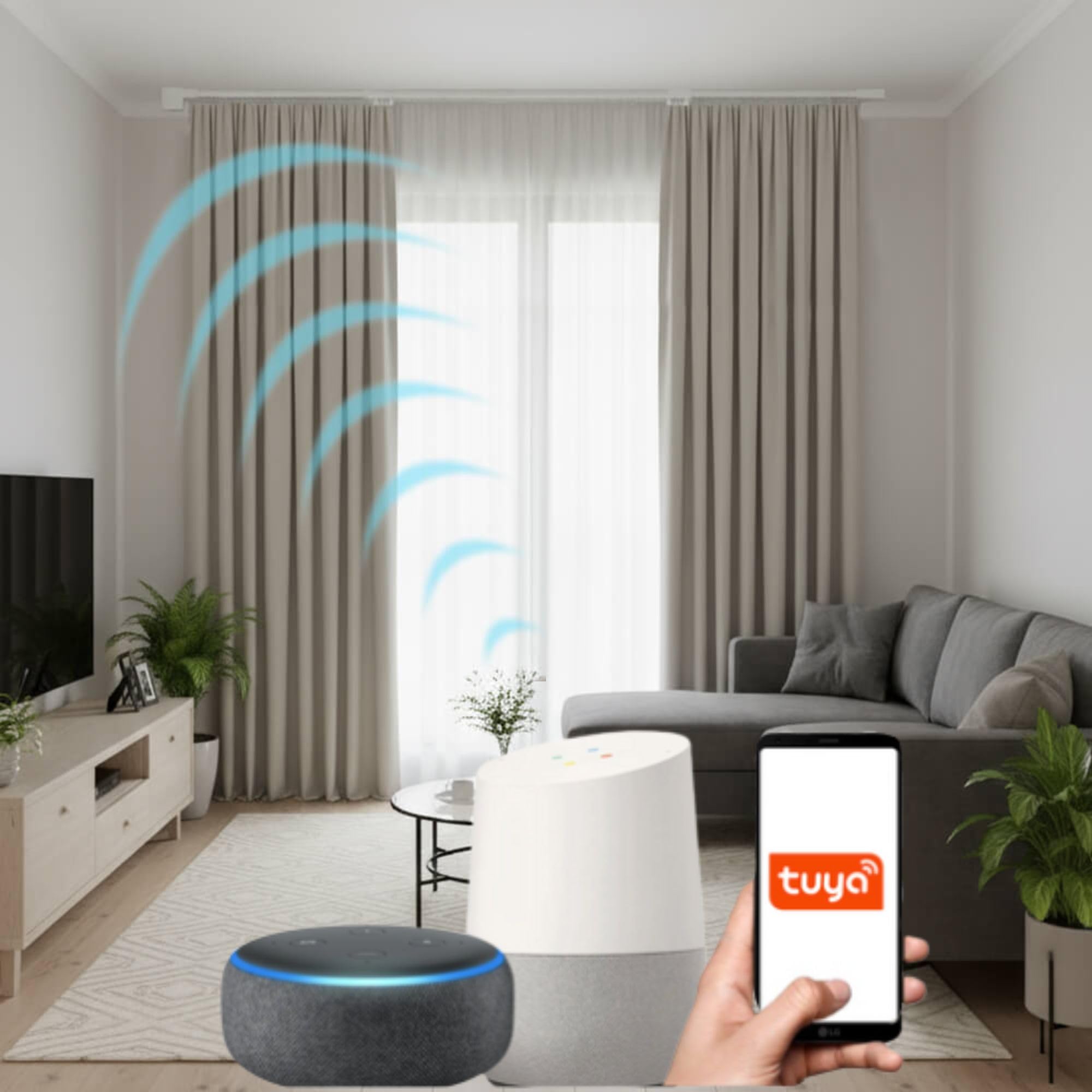 Binario Estensibile Motorizzato per Tende FabTrack, Larghezza 1,5-2,6 metri, Apertura Centrale delle Tende, Motore WiFi e Telecomando, Compatibile con Google Home, Alexa e App Tuya Smart