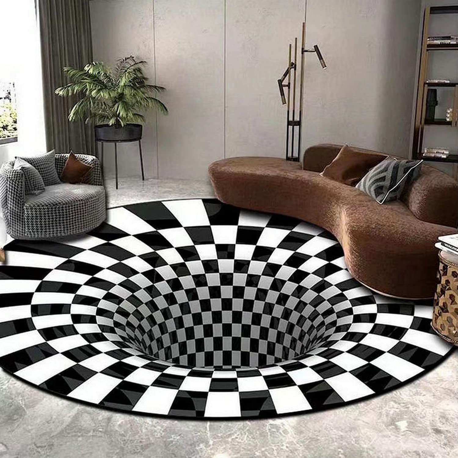 Alfombra antideslizante de ilusiones ópticas a cuadros, alfombra 3D, alfombra redonda, alfombra negra, blanca, para sala de estar, 60 cm, estilo E
