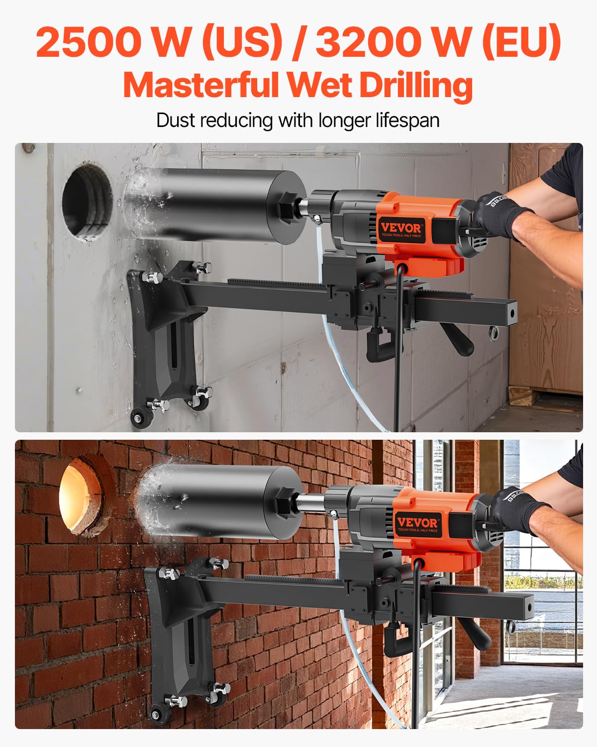 VEVOR Carotteuse à Diamant avec Support Diamètre Max. 26 cm Profondeur 60 cm 3200 W Perceuse au Diamant 750 tr/min Appareil de Forage Diamant Perçage Humide pour Percer Trous Béton Armé Construction