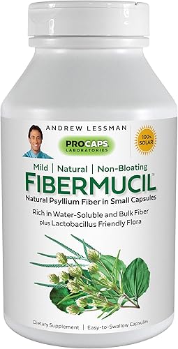 ANDREW LESSMAN Fibermucil 360 cápsulas  Polvo de cáscara de psyllium. Promueve suavemente la regularidad y la salud digestiva. Rico en fibra. Suave,