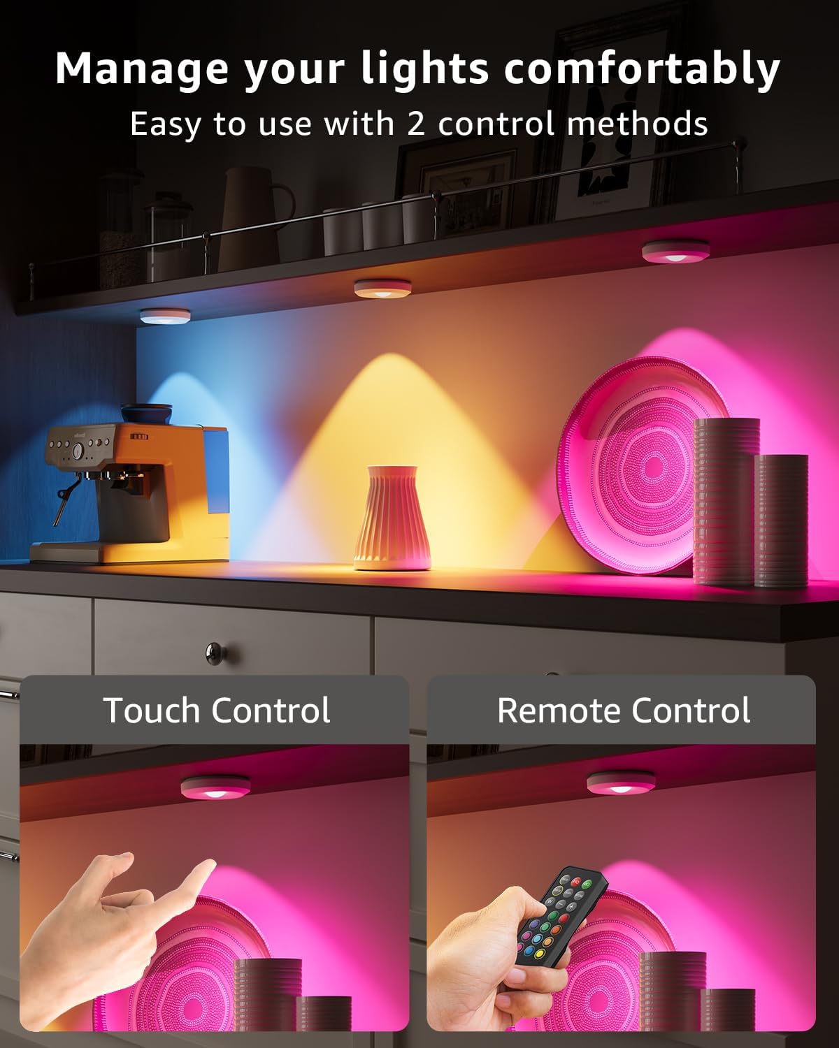 Rechargeable Color Changing Puck Lights with Remote, 2400mAh Battery Touch Light Magnetic Push Tap Lights Wireless RGB LED Under Cabinet Lighting, Sitck On Light for Kitchen, Closet, Classroom, Shelf