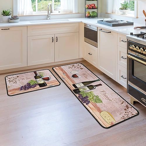 Miniatura 4 de Juego de 2 alfombras y tapetes de cocina de vino, antideslizantes, lavables, con parte trasera antideslizante, juego de 2 alfombras de cocina