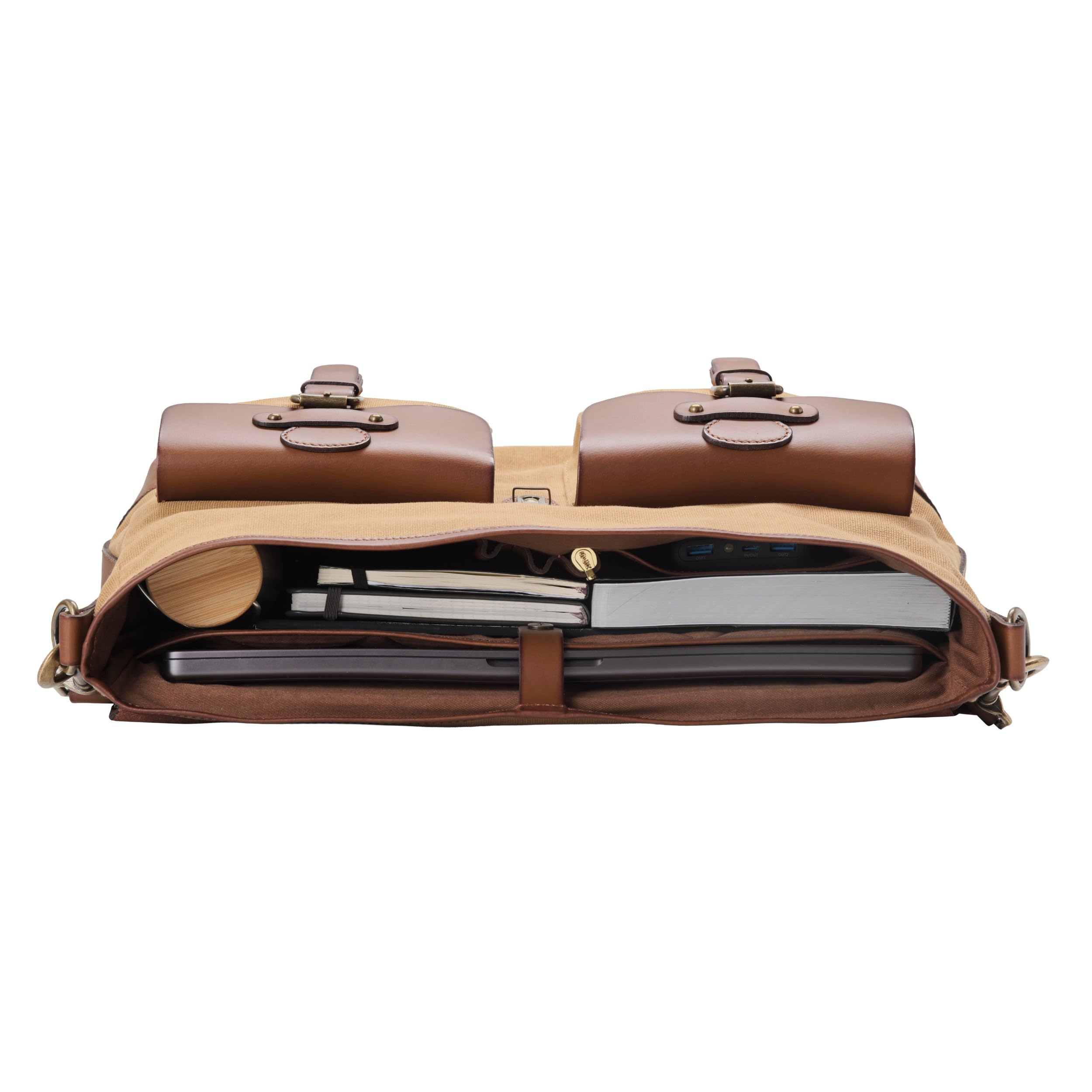 DRAKENSBERG Umhängetasche 'Milo' - Laptop- und Akten-Tasche für Herren im Vintagelook, nachhaltig handgemacht, Canvas, Leder, 15L, Khaki, DR00101
