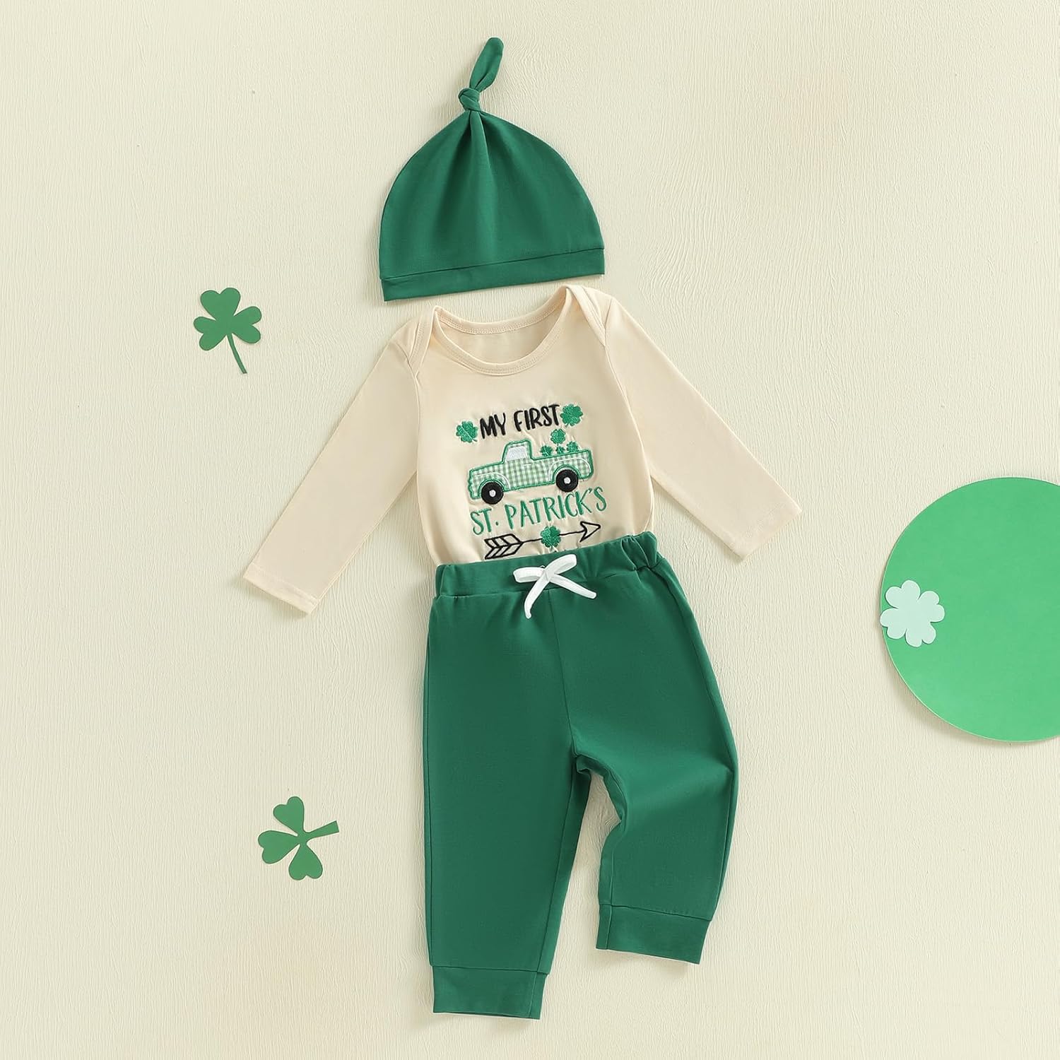 Kuriozud St Patricks Day Baby Boy Outfit First St Patricks Day Romper and Shamrock Pants Set with Hat 3Pcs Spring Clothes - Image 4
