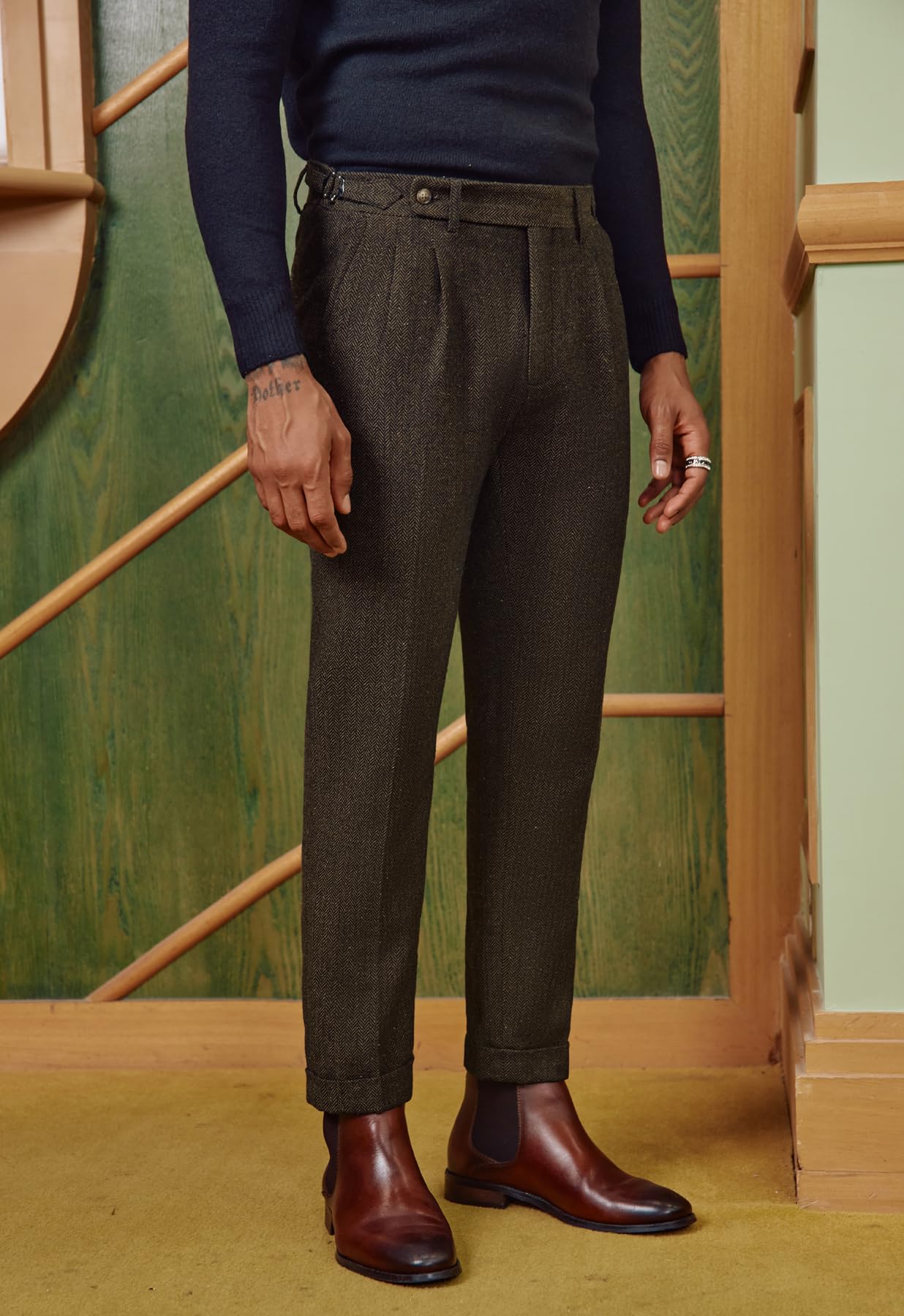 PJ Paul Jones Pantaloni Vintage da Uomo in Tweed a Spina di Pesce Pantaloni a Pieghe, Marrone, L