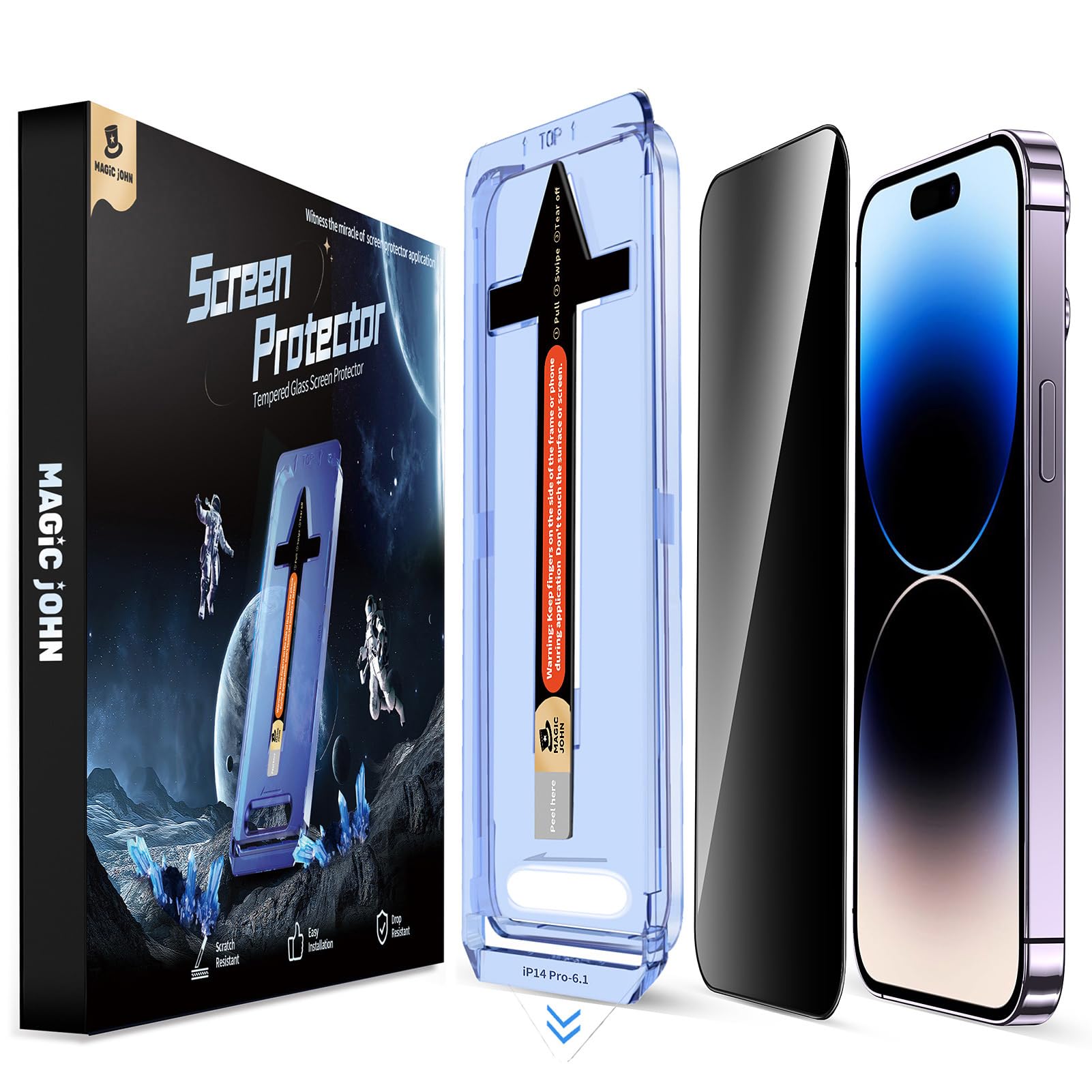 MAGIC JOHN 2 Pack for iPhone 14 Pro Privacy Screen Protector 6.1 inch, Tempered Glass, Auto Dust-Elimination Installation, Bubble Free, Anti Scratch, Case Friendly
