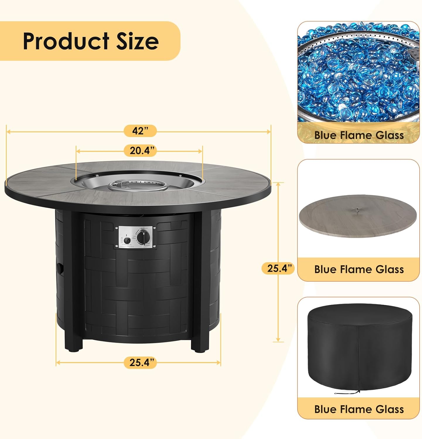 TLSUNNY 42in Propane Fire Pit Table, 50,000 BTU Auto-Ignition Outdoor Patio Fire Pit with Waterproof Cover, Blue Fire Glass & Convertible Lid – CSA Certified,for Patio, Balcony,Garden, Grey
