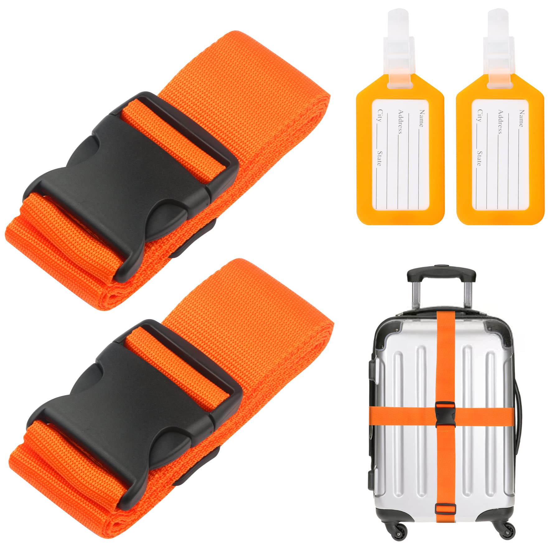 2PCS Luggage Straps and 2pcs Luggage Tags Adjustable Travel Luggage Belts Packaging Bag Buckle Belt Multi-colours Straps choices for suitcase, bag, boxes(Orange)-image-4