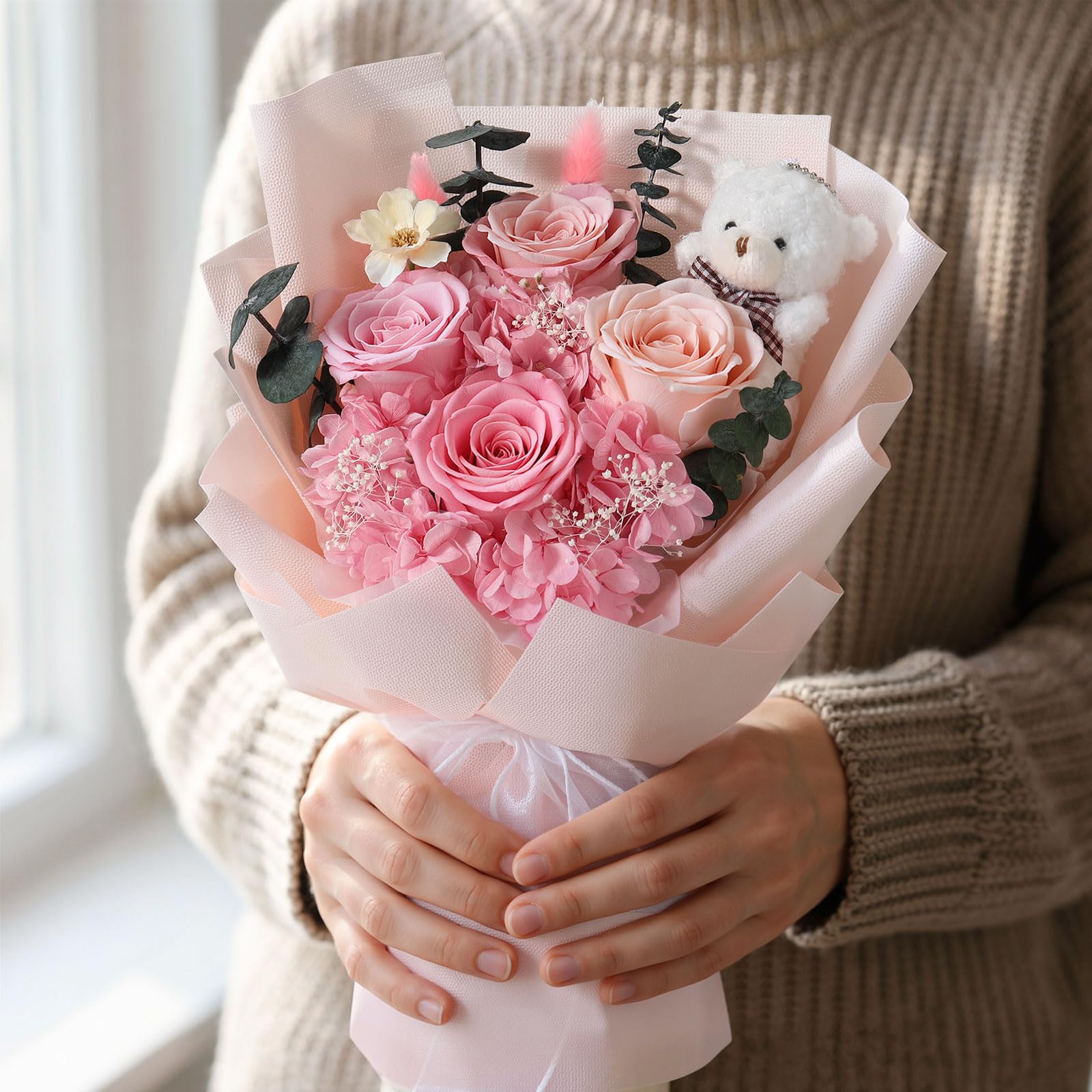 Emibele Fleurs Pour Livraison Prime Bouquets Fleurs Préservées Avec Ours | 4 Roses Roses Éternelles, Cadeaux pour Saint-Valentin, Fête Mères, Anniversaire, Diplôme – Pour Elle, Copine, Femme, Maman