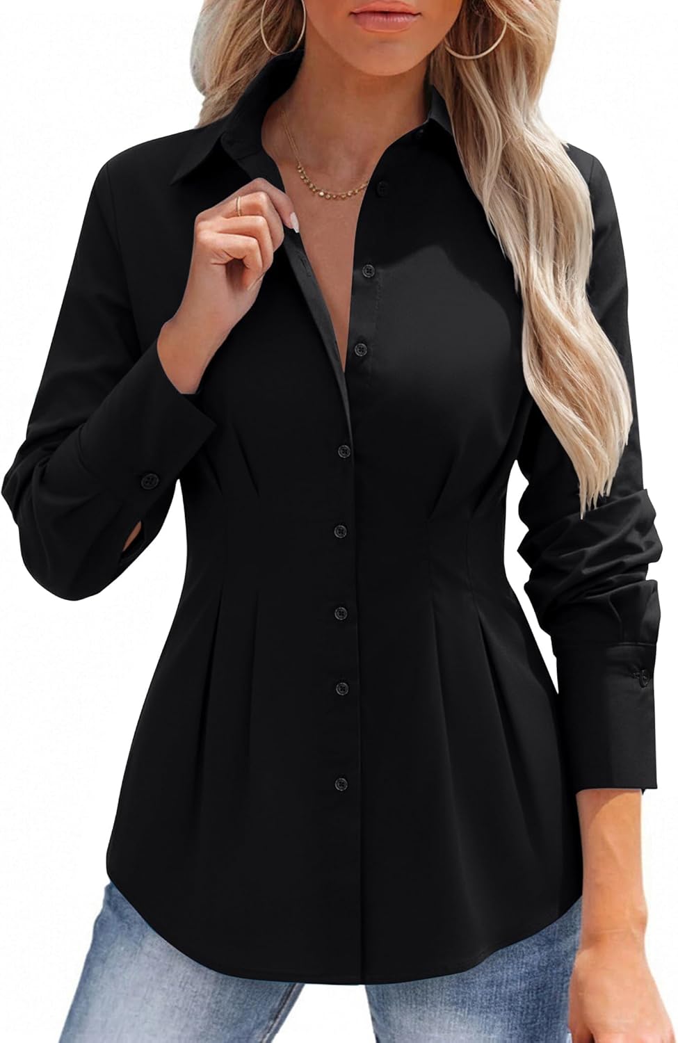 siliteelon Button Down Shirts for Women Cinched Waist Dress Shirt Cotton Long Sleeve Business Casual Work Office Blouse