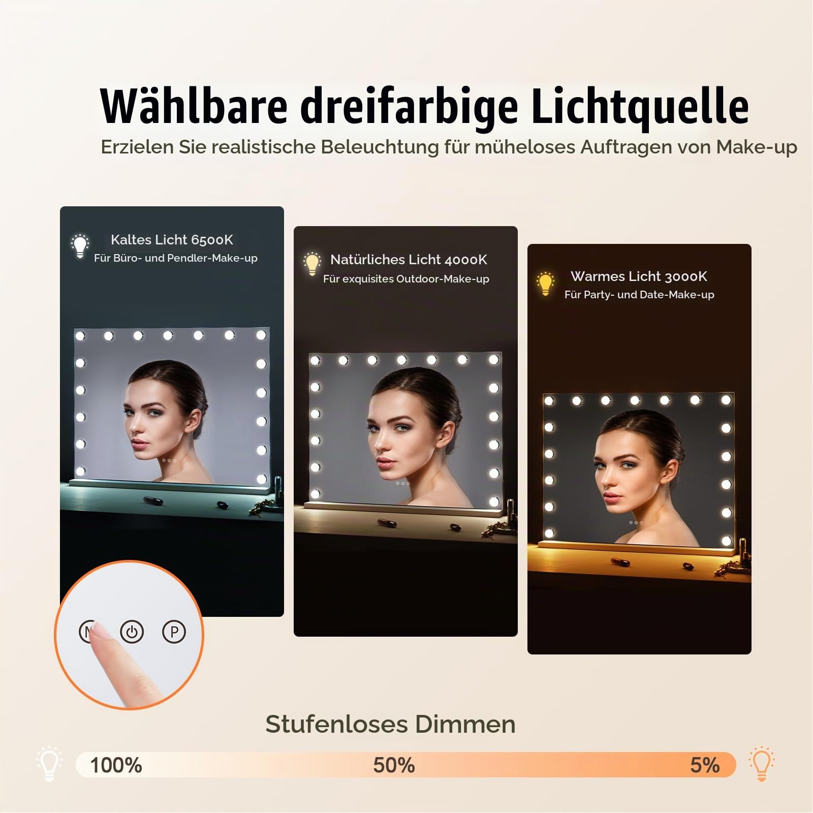 VEVOR Hollywood Schminkspiegel mit Beleuchtung, dimmbare Glühbirnen & 3 Farbbeleuchtungsmodi, Kosmetikspiegel mit Abnehmbarer 5-facher Vergrößerung, USB, Typ C, Smart-Touch-Steuerung, 791x597mm