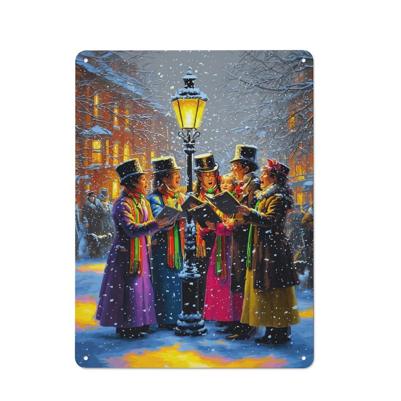 Junmoney Christmas Carolers In Snowy Street-3 Office Metal Sign With Design 40X30cm, Classic Study Room Decor For Office, Study, Studio Or Hallway
