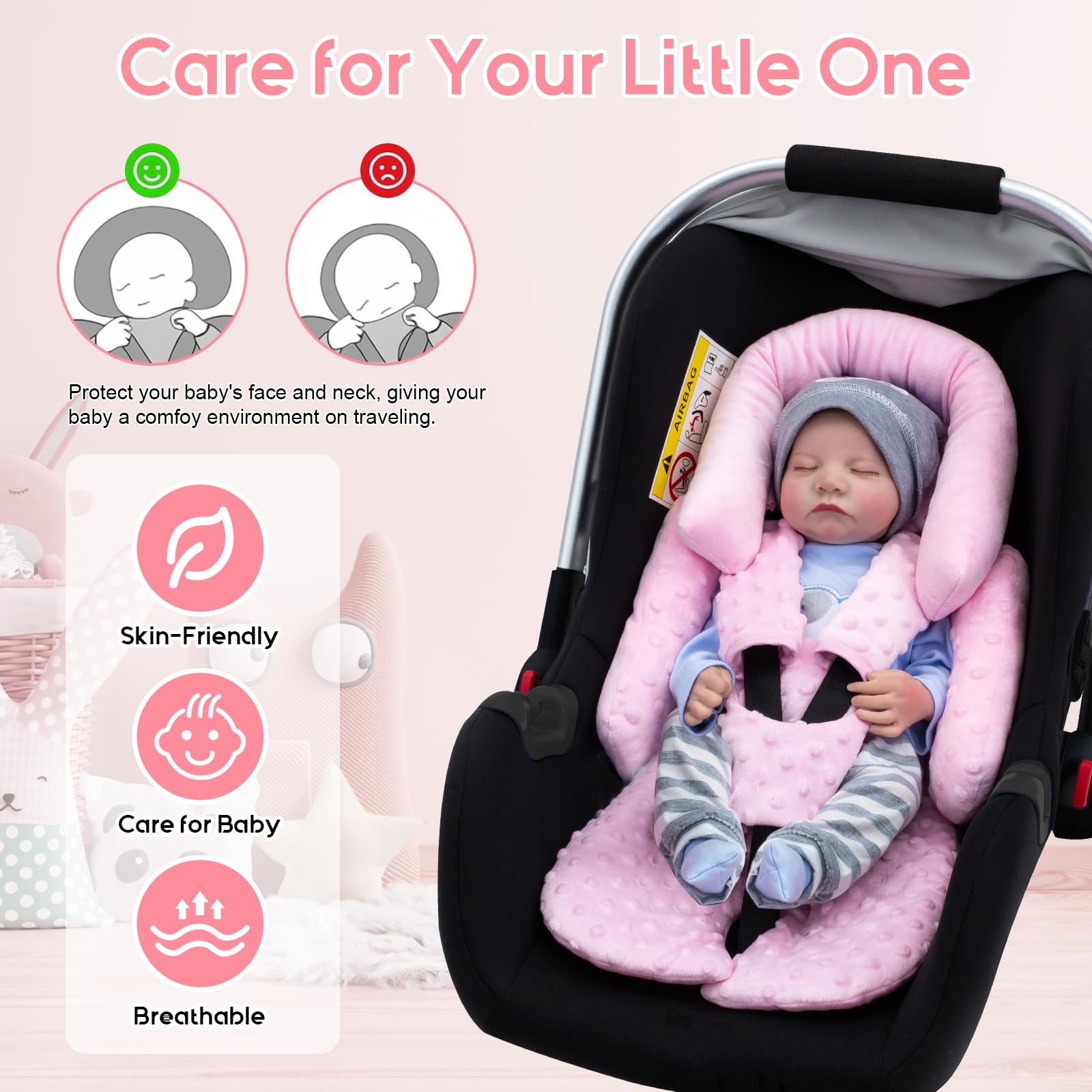 Inserto de asiento de automóvil para bebé con 3 fundas de correa adicionales, soporte grueso para la cabeza y el cuerpo para bebés, cojín reversible para asiento de coche para niños y niñas, inserto