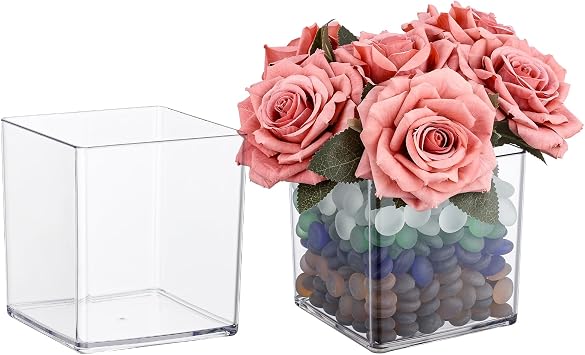 Suream 5"x5"x5" Clear Flower Vases for Centerpieces, 2 Packs Shatterproof Modern Decorative Centerpiece Wedding, Office, Home Decor