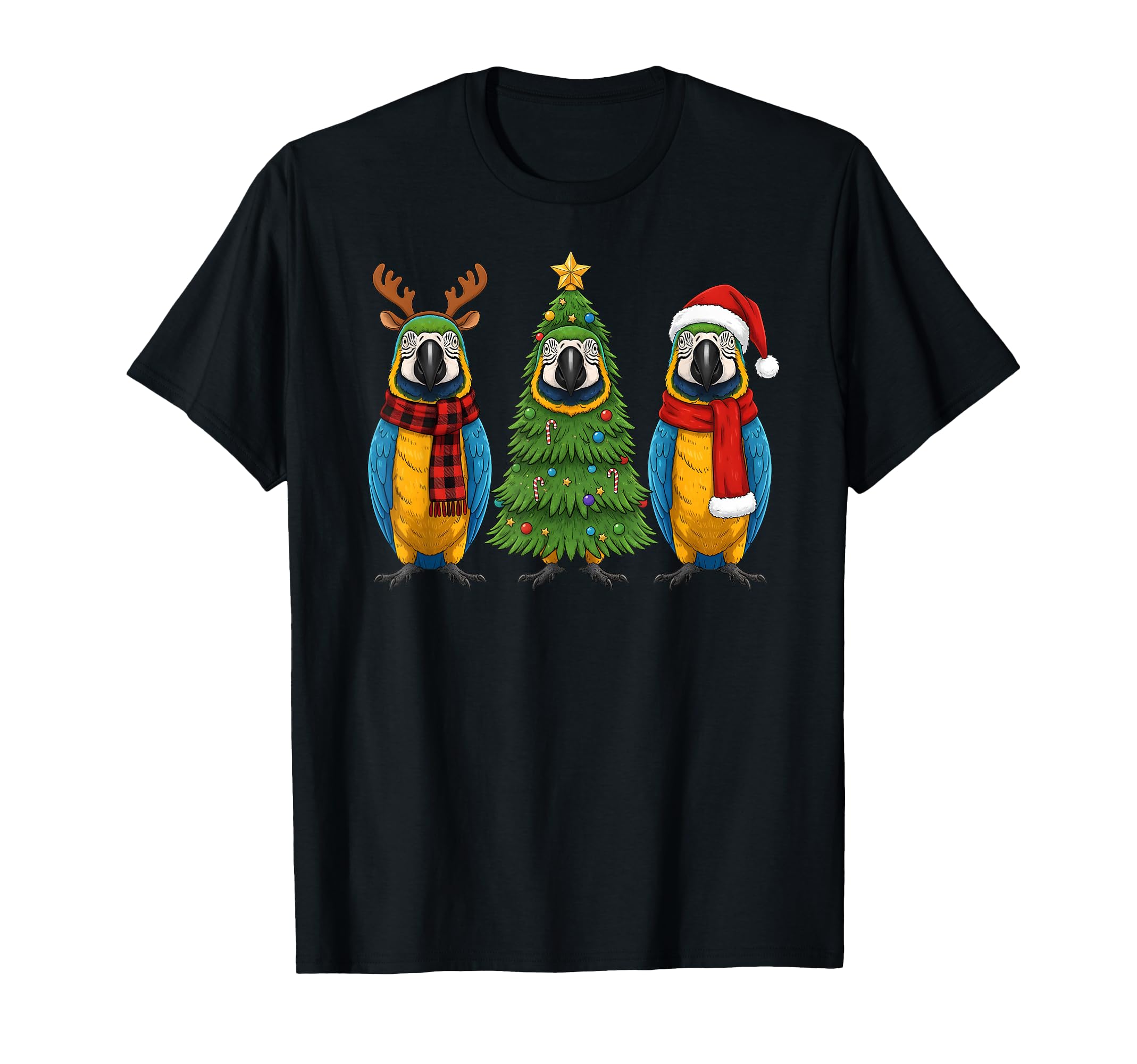 Photo 1 of ***STOCK IMAGE FOR REFERENCE***
Retro Christmas Blue and Yellow Macaw Parrot Santa Reindeer T-Shirt size XL color, royal blue