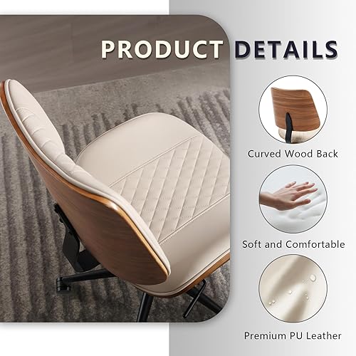 Miniatura 5 de BERYTH Silla de oficina en casa, sin brazos con ruedas, silla de escritorio pequeña de altura ajustable, silla de computadora giratoria de piel