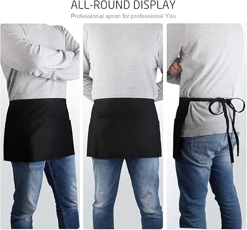 Miniatura 6 de TopTie Delantal de cintura para camarera con impresión personalizada con 3 bolsillos, mitad delantal de cocina de restaurante