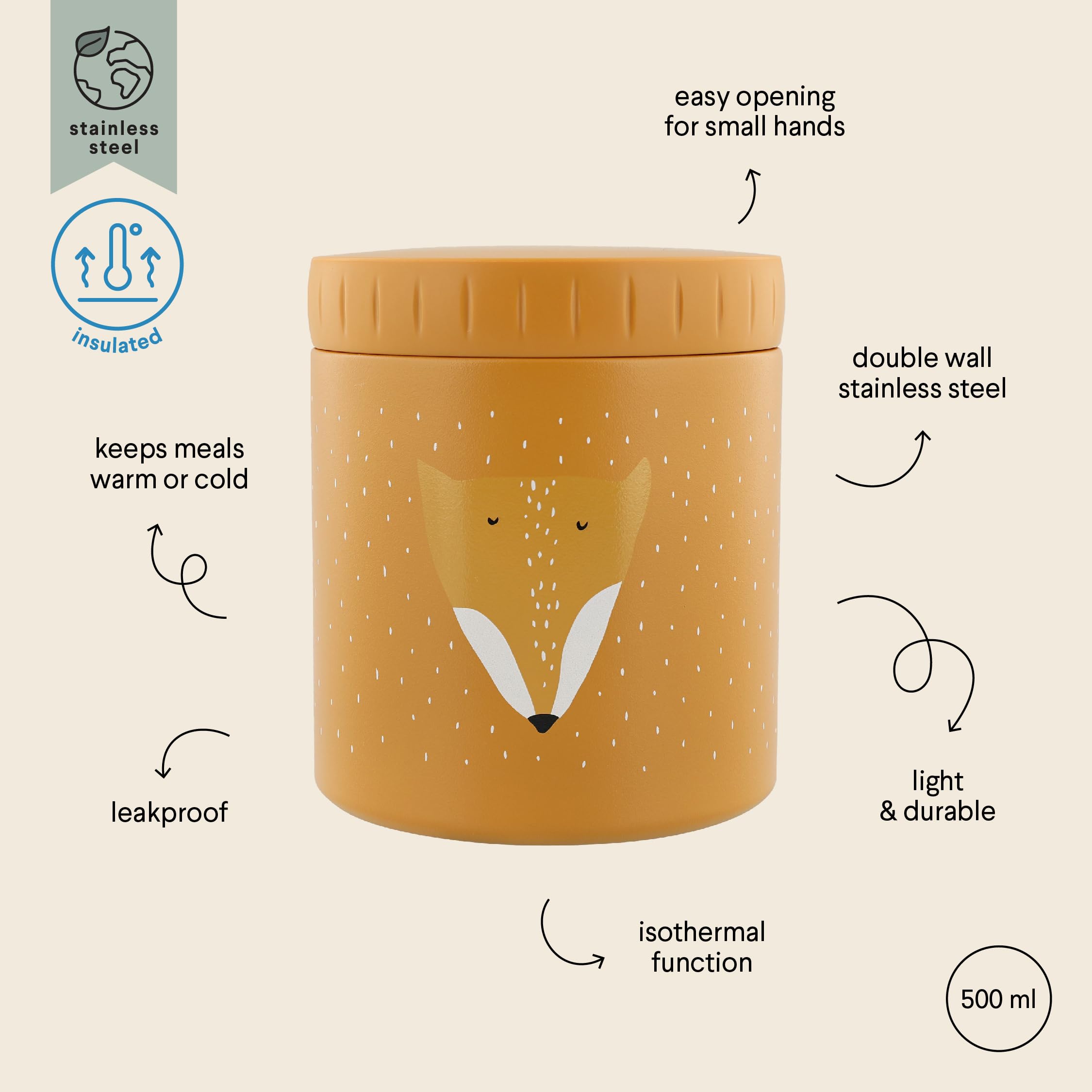 Trixie – Caja de comida isotérmica de acero inoxidable 500 ml – Envase de comida para almuerzo/merienda (Mr. Fox (zorro))
