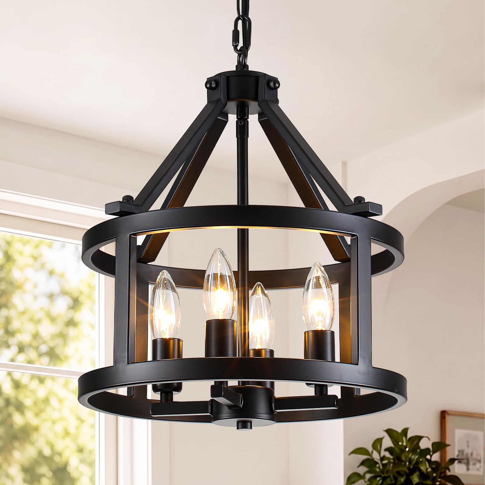 4-Light Black Chandelier for Living Room, Lantern Ceiling Light Fixtures