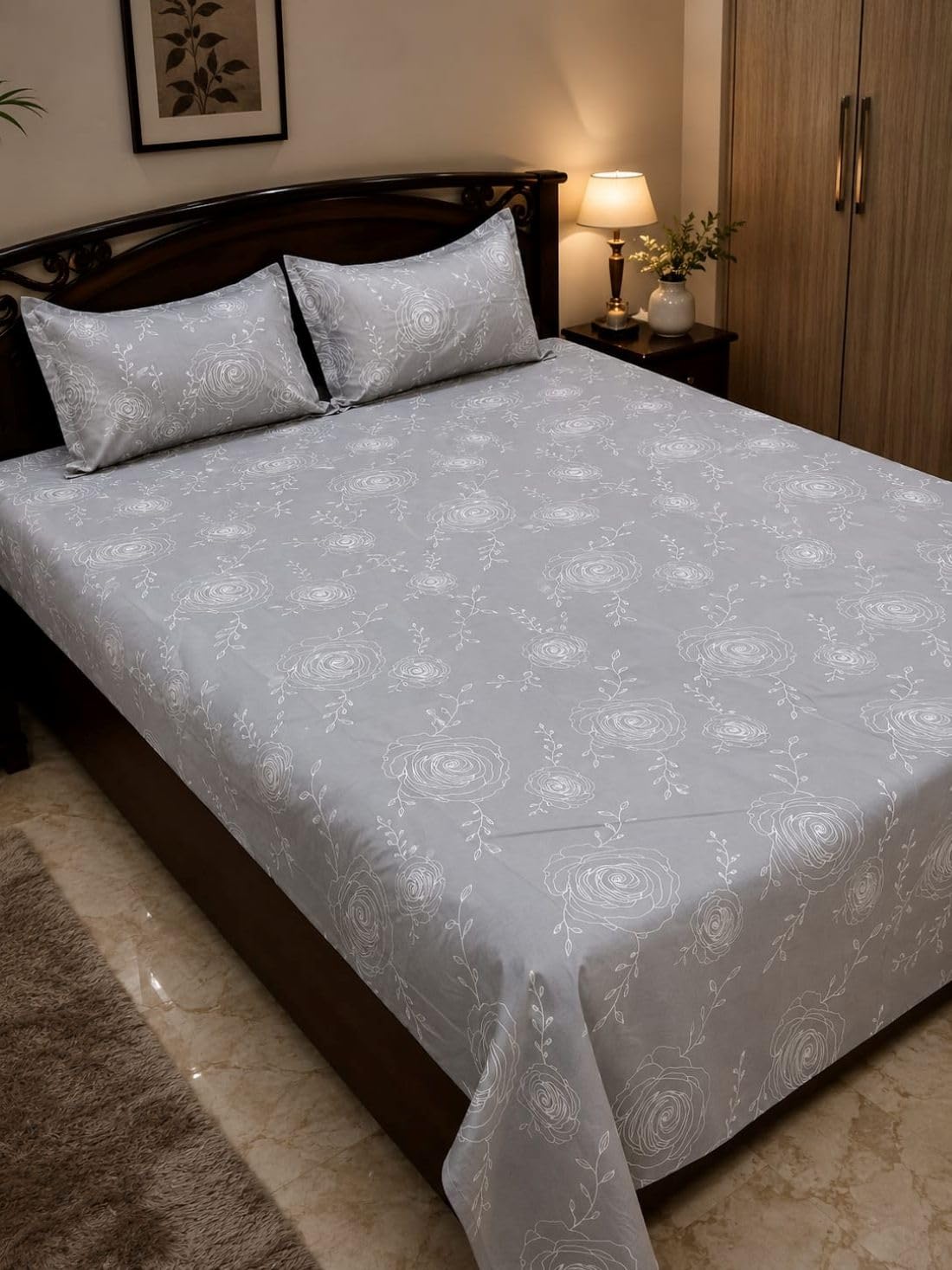 Premium Quilted King Size Bedspread for Double Bed, Grey Floral, 90x100 | 400 TC Cotton Feel Fabric, 140 GSM Filling, Ruffle Fringe & Pleated Lace-image-23