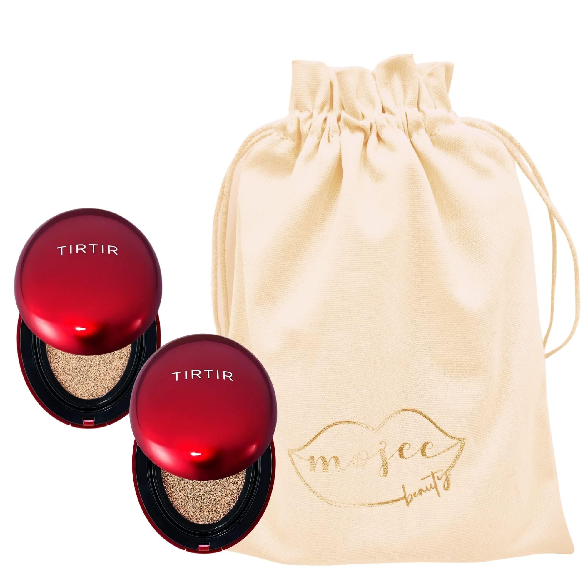 Make Up Bundle With Tirtir Mask Fit Red Mini Cushion Foundation SPF 40 PA++ 21N Ivory 4.5g And 23N Sand 4.5g And Mojee Beauty Canvas Bag