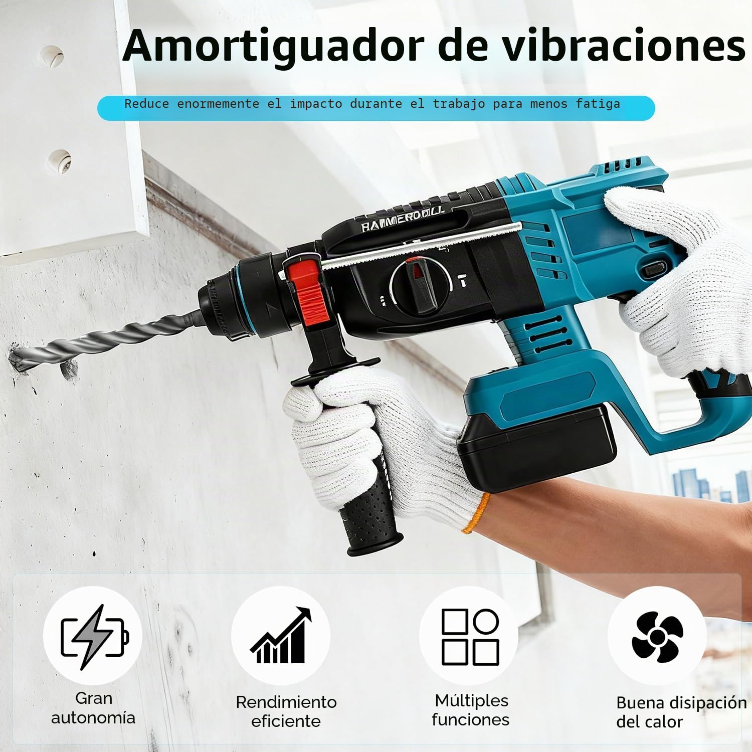 Broca de martillo para taladro martillo sin escobillas Makita 18V 3 en 1 con 7 piezas, taladro, guantes, 3 modos de funcionamiento, mango antivibración y embrague de seguridad