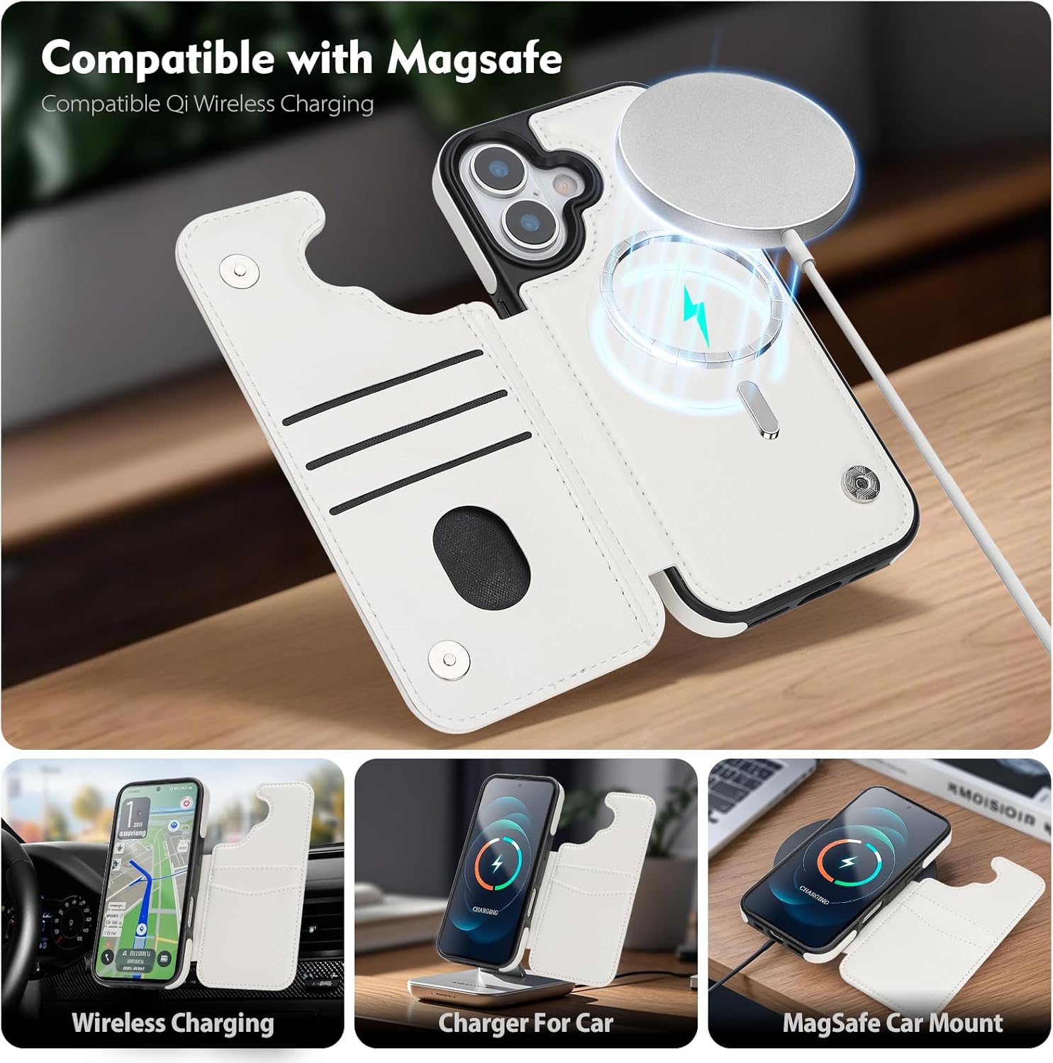 Compatible with Magsafe for iPhone 17 Wallet Case with Card Holder,Women Men Phone Case PU Leather Kickstand Flip Folio Protective Cover Credit Card Slots,for Apple 17 6.3",White - Image 3